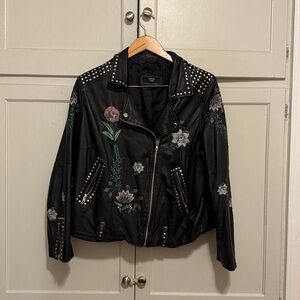 Embroidered Black Leather Jacket